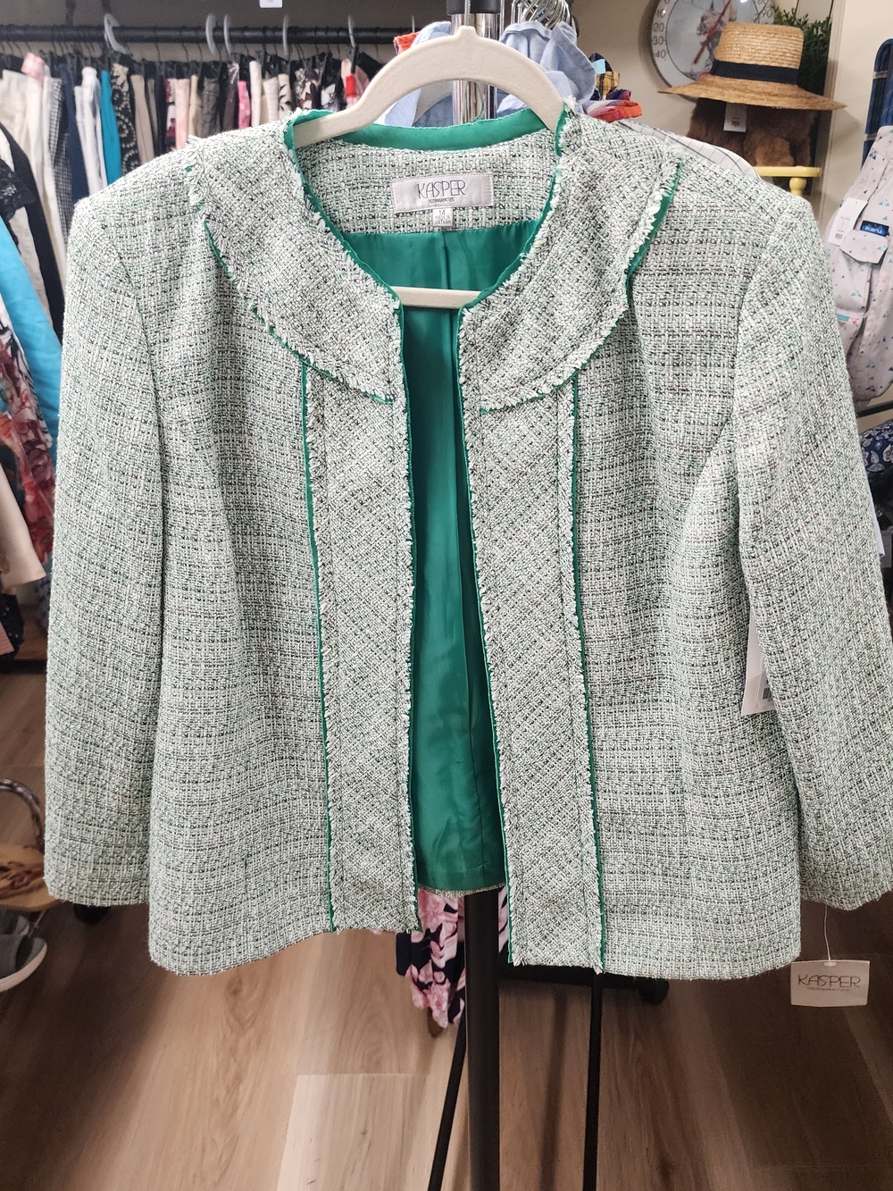 Kasper Mint Green Tweed Open-Front Jacket with Emerald Trim
